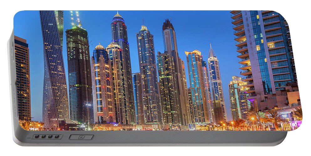 Dubai Skyline Night Portable Battery Charger featuring the photograph Dubai Marina Skyline at night by Neale And Judith Clark