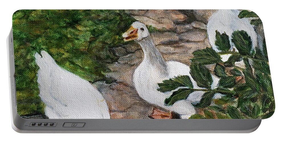 Ducks Portable Battery Charger featuring the painting Ducks at Pognana Lario by Bonnie Peacher