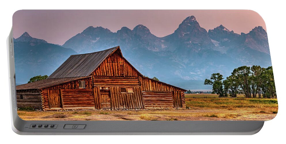 Rocky Mountains Portable Battery Charger featuring the photograph Dusk At The T.A. Moulton Barn And Teton Mountains Panorama by Gregory Ballos