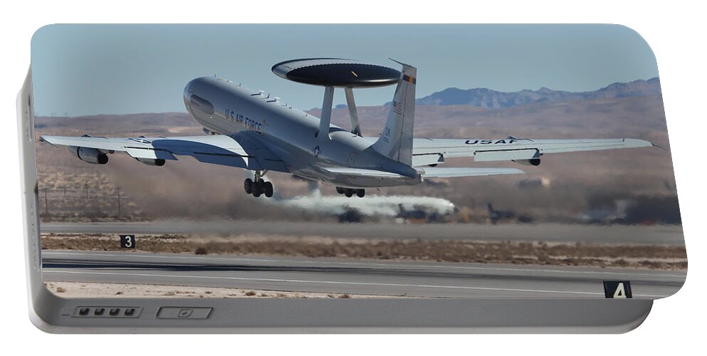 Oklahoma Portable Battery Charger featuring the photograph E-3 Sentry 79-0003 departing 03R at Nellis by Custom Aviation Art