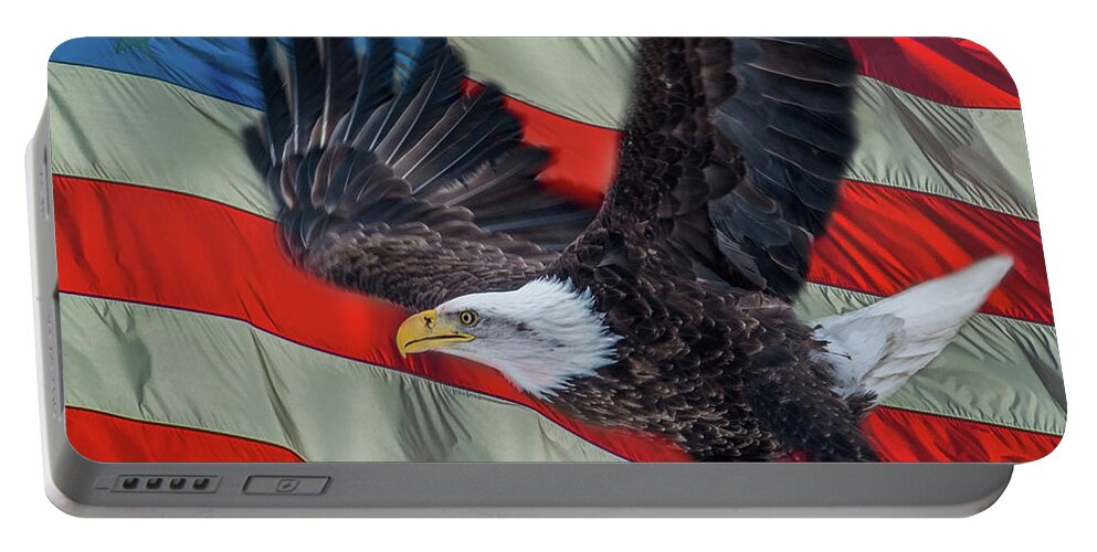 Bird Portable Battery Charger featuring the photograph Eagle With Flag Background by Paul Freidlund