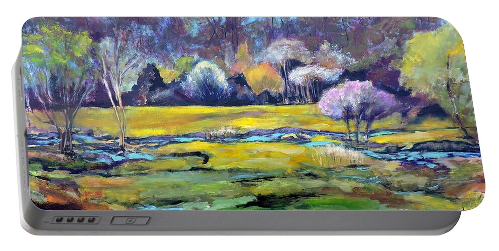 Landscape Portable Battery Charger featuring the painting Early Wet Spring by Jodie Marie Anne Richardson Traugott     aka jm-ART