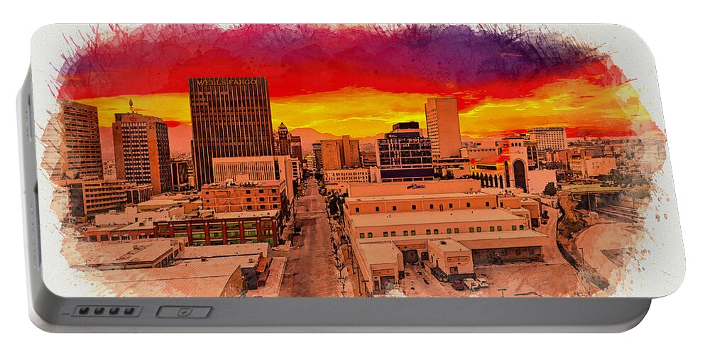 El Paso Portable Battery Charger featuring the digital art East Mills Avenue in downtown El Paso at sunset - watercolor painting by Nicko Prints