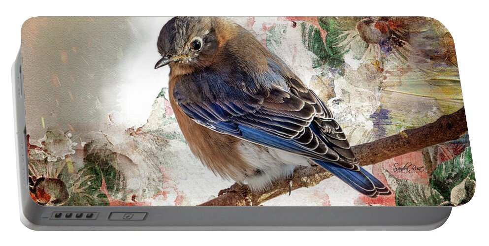 Bluebird Portable Battery Charger featuring the photograph Eastern Bluebird botanical styled art photo by Sandra Rust