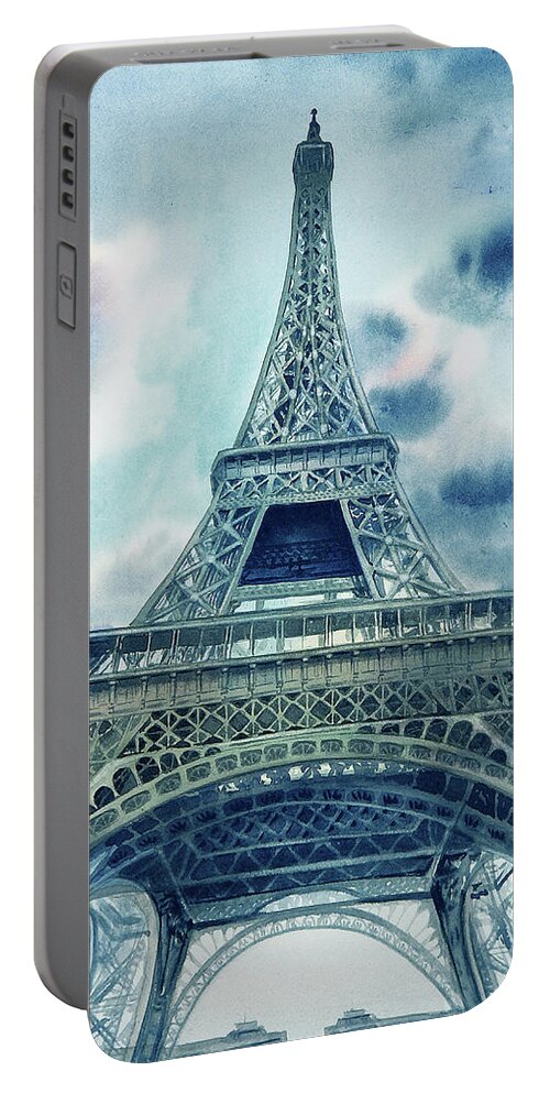 Eiffel Tower Portable Battery Charger featuring the painting Eiffel Tower In Teal Blue Watercolor French Chic Decor by Irina Sztukowski
