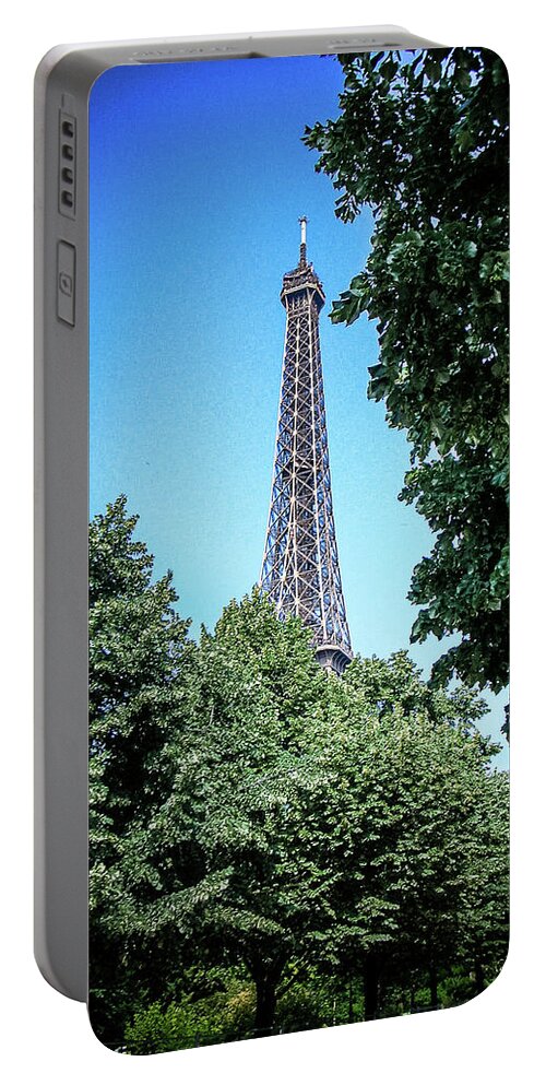 France Portable Battery Charger featuring the photograph Eiffel Tower through Trees by Jim Feldman