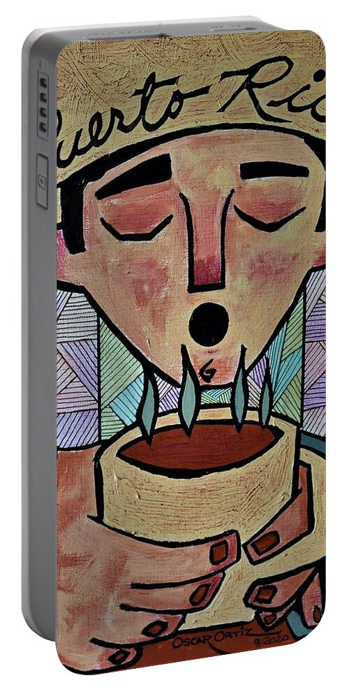 Colors Portable Battery Charger featuring the painting El cafecito de las tres by Oscar Ortiz
