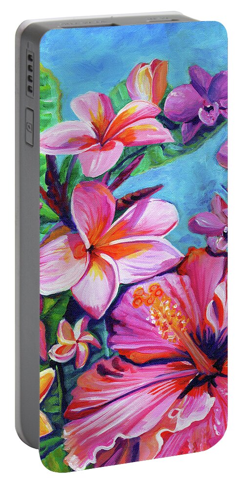 Neon Colored Flowers Portable Battery Charger featuring the painting Electric Aloha by Marionette Taboniar