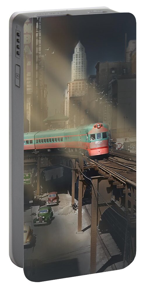 Chicago Portable Battery Charger featuring the painting Electroliner - Chicago in the 1940s by Glenn Galen