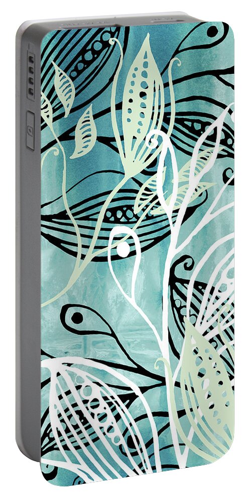 Pods Portable Battery Charger featuring the painting Elegant Pods And Seeds Pattern With Leaves Teal Blue Watercolor IV by Irina Sztukowski