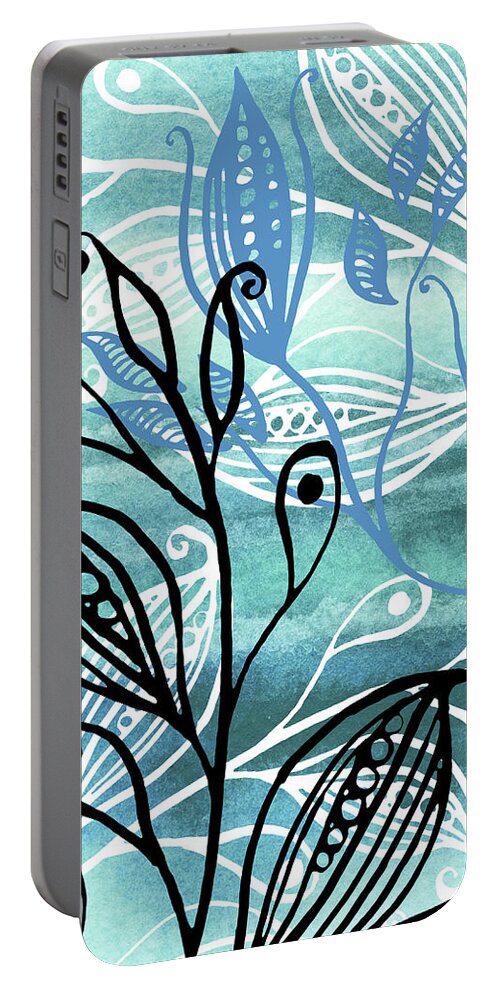Pods Portable Battery Charger featuring the painting Elegant Pods And Seeds Pattern With Leaves Teal Blue Watercolor VI by Irina Sztukowski