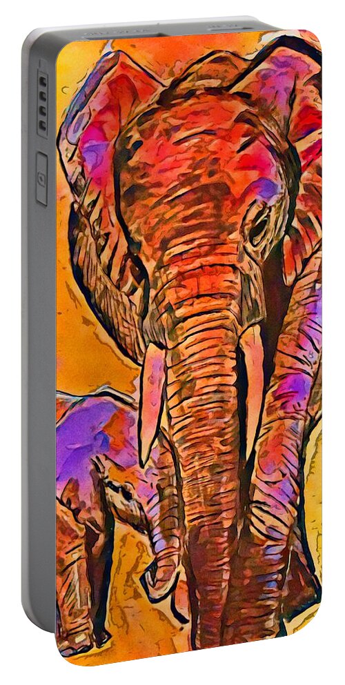 Elephant Portable Battery Charger featuring the mixed media Elephant Stroll 1 by Eileen Backman