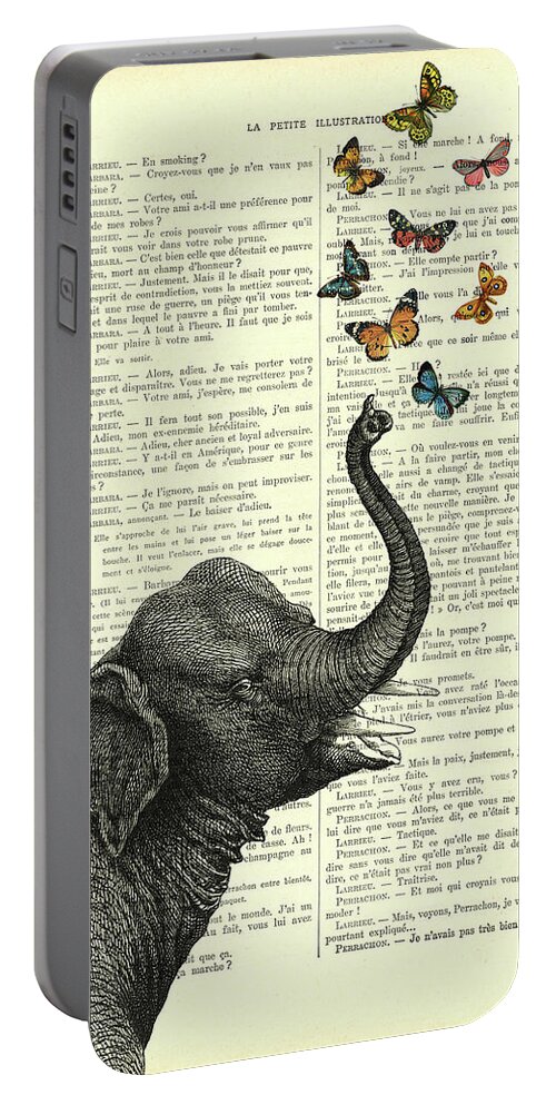Elephant Portable Battery Charger featuring the digital art Elephant with butterflies by Madame Memento