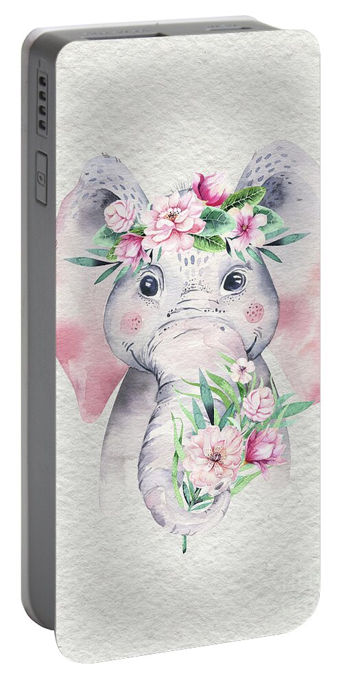 Elephant Portable Battery Charger featuring the painting Elephant With Flowers by Nursery Art