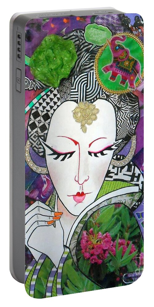 Geisha Portable Battery Charger featuring the mixed media Elephants in Her Hair--an Indian Geisha by Jayne Somogy