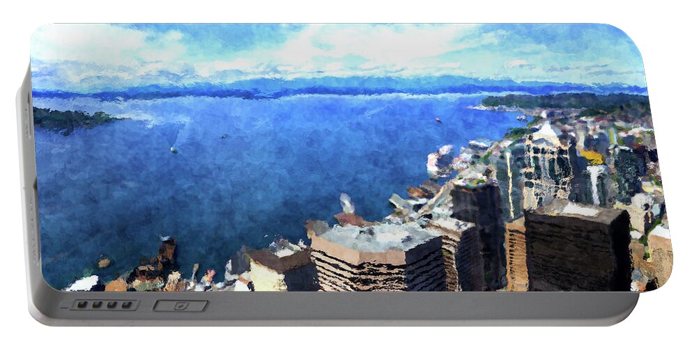 Columbia Center Portable Battery Charger featuring the digital art Elliott Bay Seattle by SnapHappy Photos