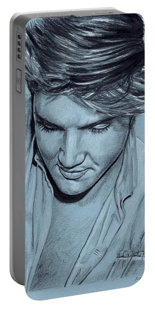 Elvis Portable Battery Charger featuring the drawing Elvis in Charcoal no. 234 by Rob De Vries
