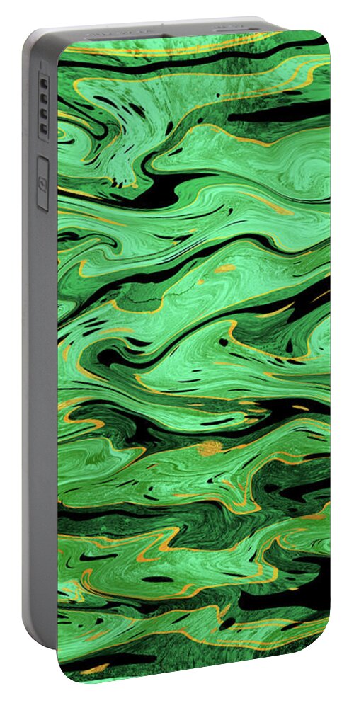 Fluid Portable Battery Charger featuring the digital art Emerald green fluid art, black and green marble abstract by Nadia CHEVREL