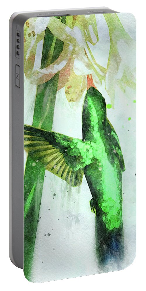 Hummingbird Portable Battery Charger featuring the mixed media Emerald Green Hummingbird Watercolor Wildlife Painting by Shelli Fitzpatrick