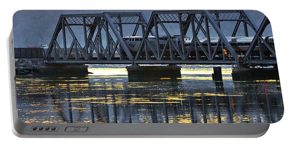 Sunset Portable Battery Charger featuring the photograph Amtrak Empire Service on Spuyten Duyvil Bridge at Sunset by Steve Ember