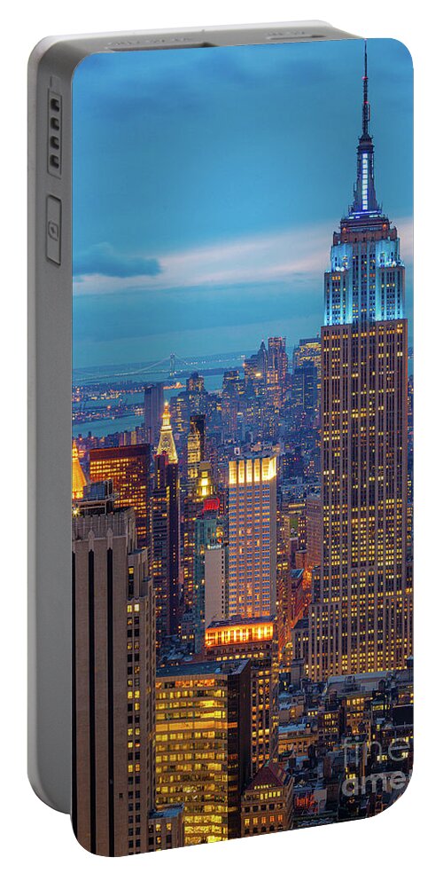 America Portable Battery Charger featuring the photograph Empire State Blue Night by Inge Johnsson