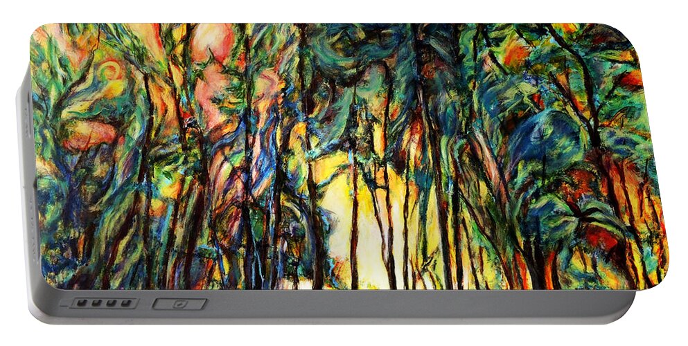 Acrylic Painting Enchanted Forest Sunset Scene Abstract Landscape Portable Battery Charger featuring the painting Enchanted Forest by John Bohn