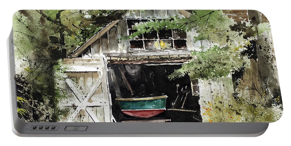 A Small Boat Rests On Sawhorses In A Tool Shed At Round Pond Portable Battery Charger featuring the painting End Of The Season by Monte Toon