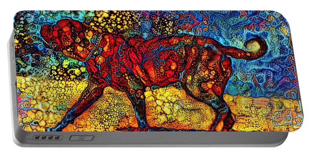 English Mastiff Portable Battery Charger featuring the digital art English Mastiff waiting for a treat - colorful abstract painting in blue, yellow and red by Nicko Prints