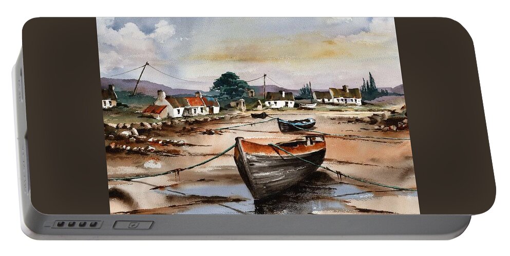  Portable Battery Charger featuring the painting Erelough Harbour Roundstone by Val Byrne