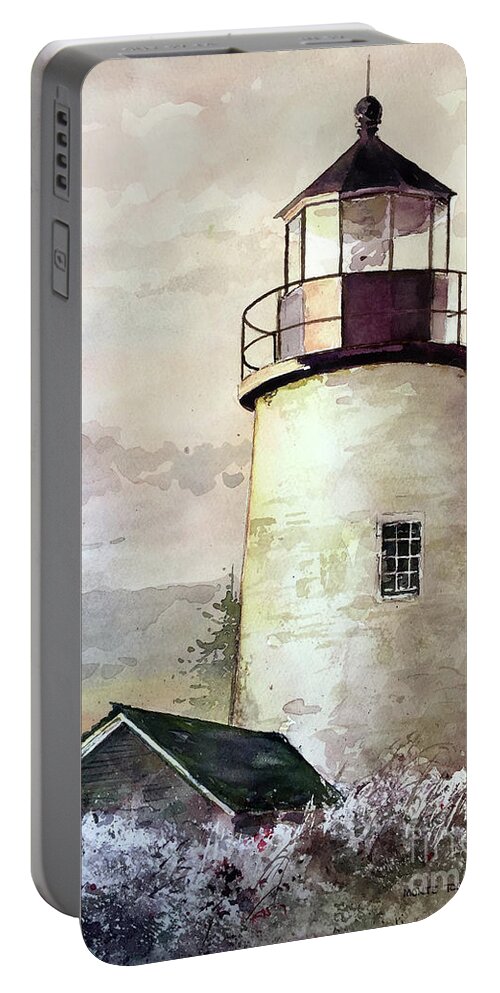 Sunset At The Pemaquid Point Lighthouse In Maine. Portable Battery Charger featuring the painting Evening At The Light by Monte Toon