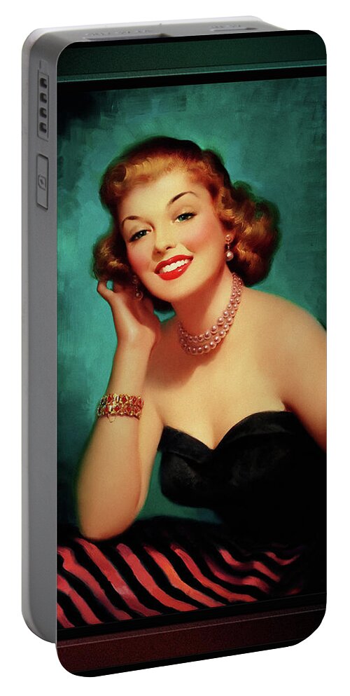 Brunette Portable Battery Charger featuring the painting Evening Glamour Girl by Art Frahm Glamour Pin-up Wall Art Decor by Rolando Burbon