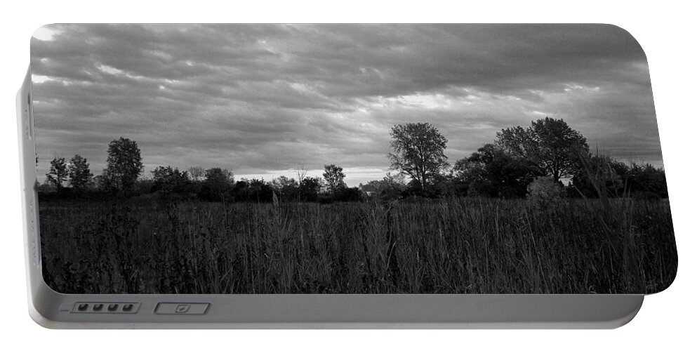 Nature Portable Battery Charger featuring the photograph Evening Prairie Clouded Sky - Black and White by Frank J Casella