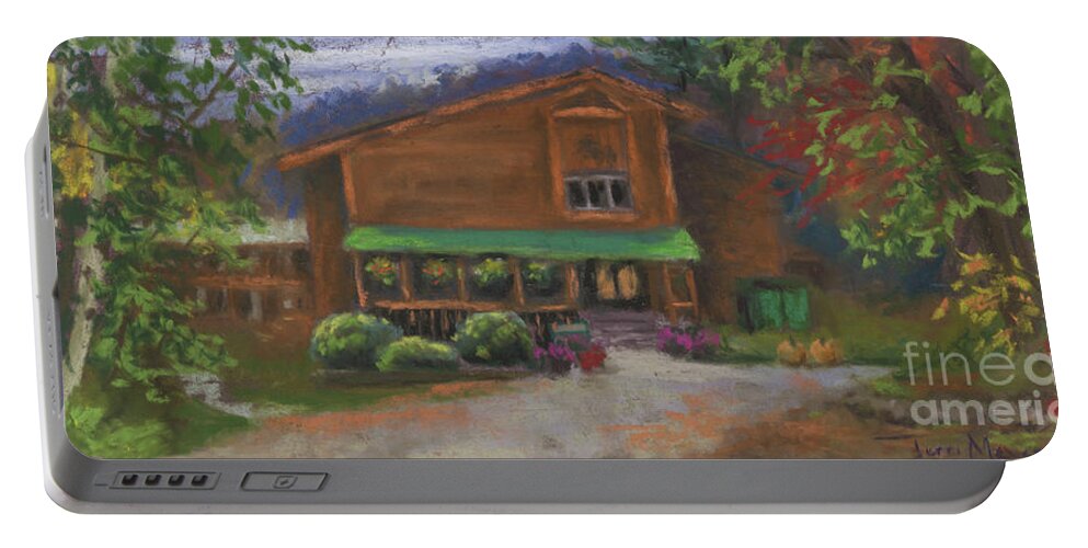 Plein Air Landscape Painting Of Evergreen Valley Resort In Stoneham Maine Portable Battery Charger featuring the painting Evergreen Valley Resort by Terri Meyer