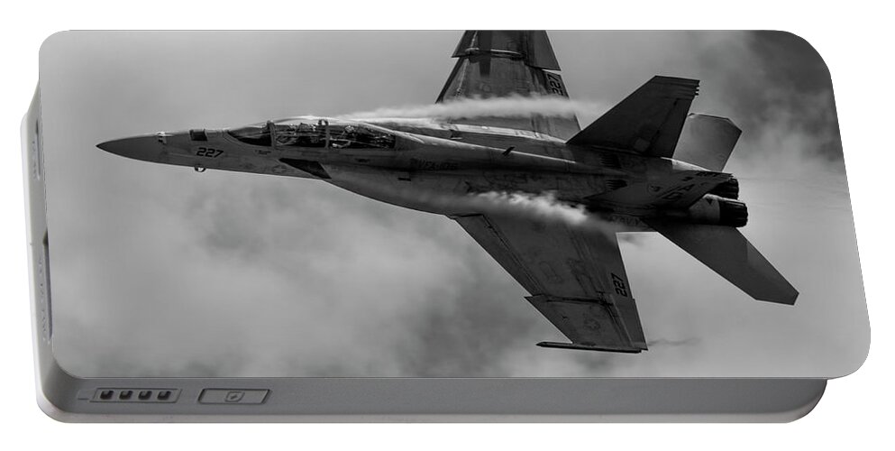 Airplane Portable Battery Charger featuring the photograph F18 in Black and White by Carolyn Hutchins