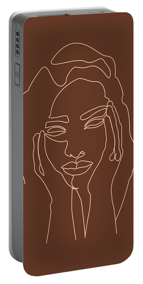Portrait Portable Battery Charger featuring the mixed media Face 05 - Abstract Minimal Line Art Portrait of a Girl - Single Stroke Portrait - Terracotta, Brown by Studio Grafiikka