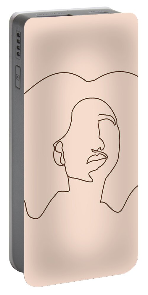 Portrait Portable Battery Charger featuring the mixed media Face 09 - Abstract Minimal Line Art Portrait of a Girl - Single Stroke Portrait - Terracotta, Brown by Studio Grafiikka