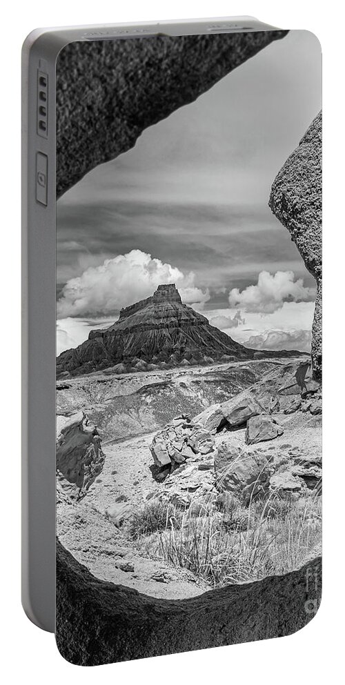 Factory Butte Portable Battery Charger featuring the photograph Factory Butte in black and white by Henk Meijer Photography