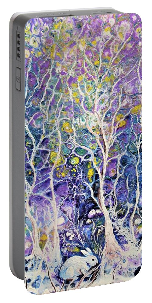 Wall Art Abstract Forest Gift For Her Home Décor Bunny White Forest White Bunny White Snow Acrylic Paint Painting On Canvas Wall Décor Gift Idea Pouring Art Pouring Technique Portable Battery Charger featuring the painting Fairy Forest by Tanya Harr