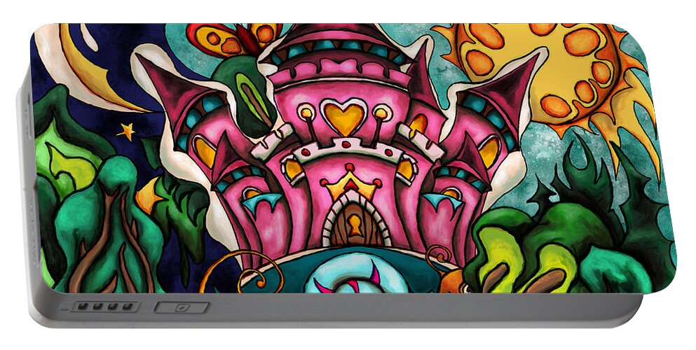 Fairy Tale Portable Battery Charger featuring the painting Fairy tale princess castle, cartoon pink castle by Nadia CHEVREL