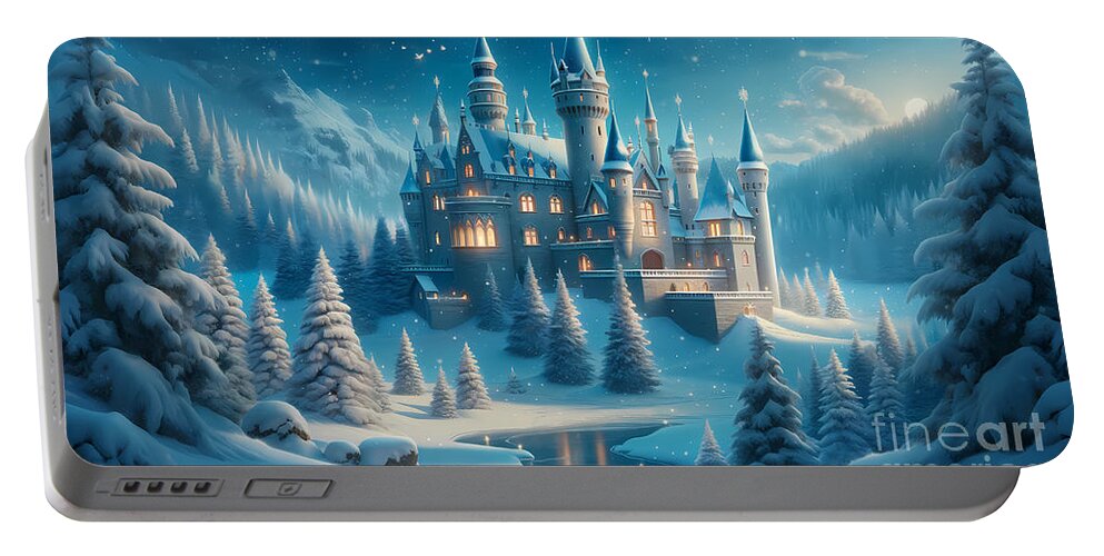 Fairytale Portable Battery Charger featuring the digital art Fairytale Castle in Winter, A snow-covered castle in a magical winter landscape by Jeff Creation