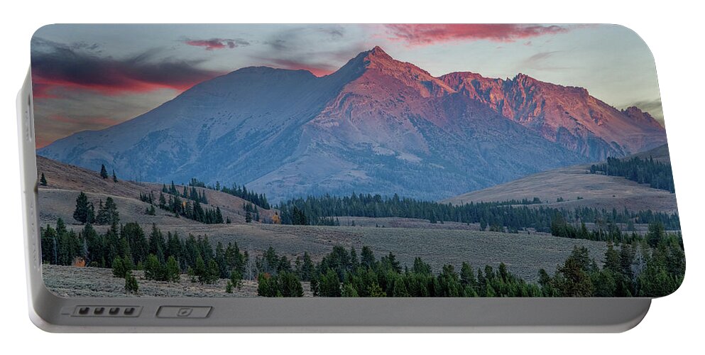 Wyoming Portable Battery Charger featuring the photograph Fall Sunrise, Yellowstone's Electric Peak by Marcy Wielfaert