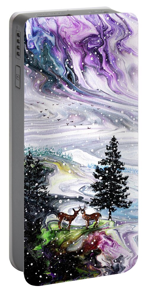 Pine Tree Portable Battery Charger featuring the painting Falling Snow on the Mountains by Laura Iverson