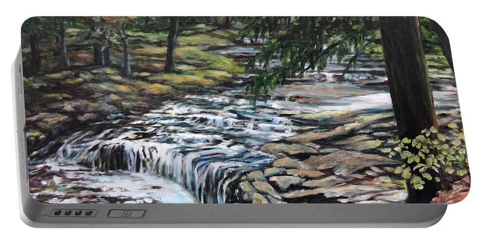 Maine Portable Battery Charger featuring the painting Falls on Vaughan Brook, Hallowell, Maine by Eileen Patten Oliver