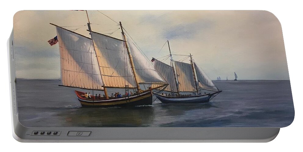 Schooners Portable Battery Charger featuring the painting Fame and Ardell by Judy Rixom