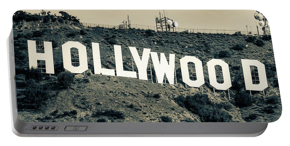 Hollywood Sign Portable Battery Charger featuring the photograph Famous Hollywood Sign in Hollywood Hills California - Sepia Panorama by Gregory Ballos