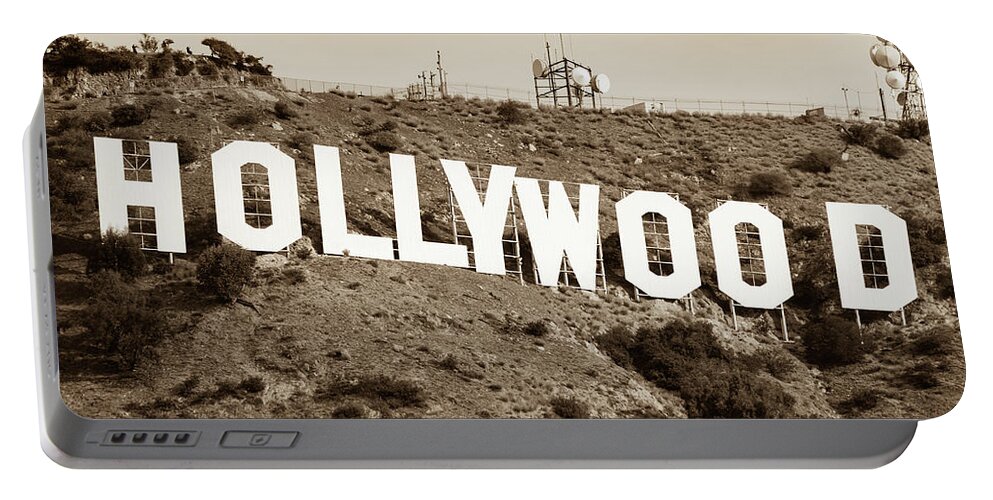 Hollywood Sign Portable Battery Charger featuring the photograph Famous Hollywood Sign in Los Angeles California - Sepia Panorama by Gregory Ballos