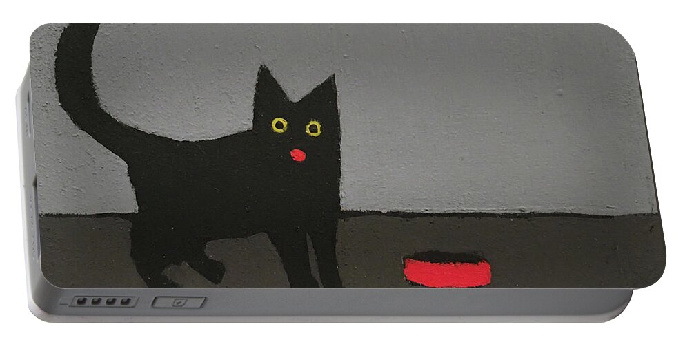 Black Cat Food Dish Portable Battery Charger featuring the painting Fancy Feast by Sherry Rusinack