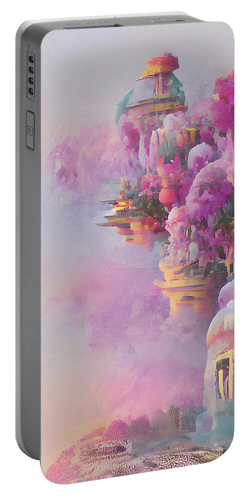 Fantasy Floral Castle Surrealism Portable Battery Charger featuring the mixed media Fantasy Floral Castle Surrealism by Georgiana Romanovna