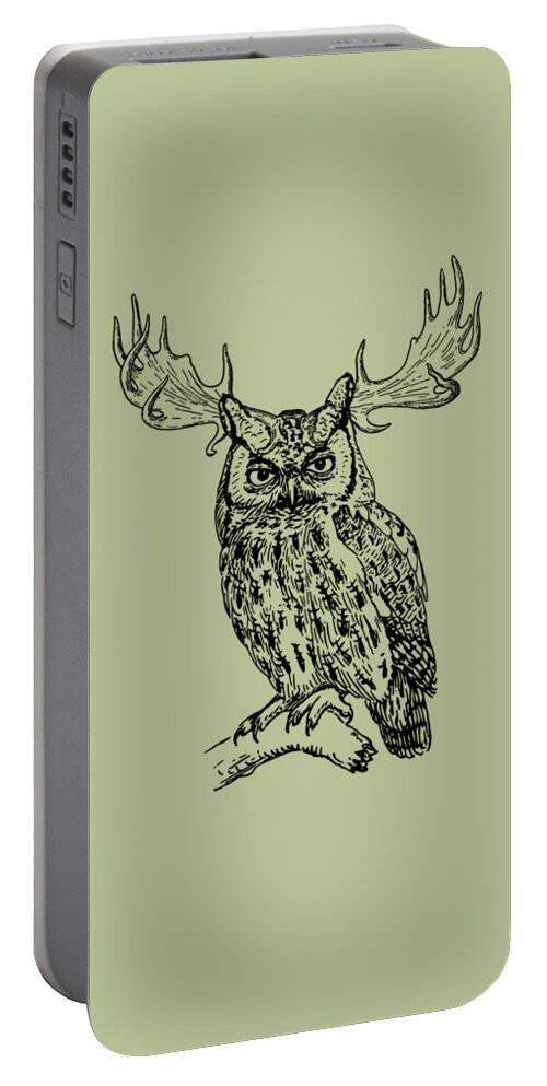 Owl Portable Battery Charger featuring the digital art Fantasy Owl Line Drawing by Madame Memento