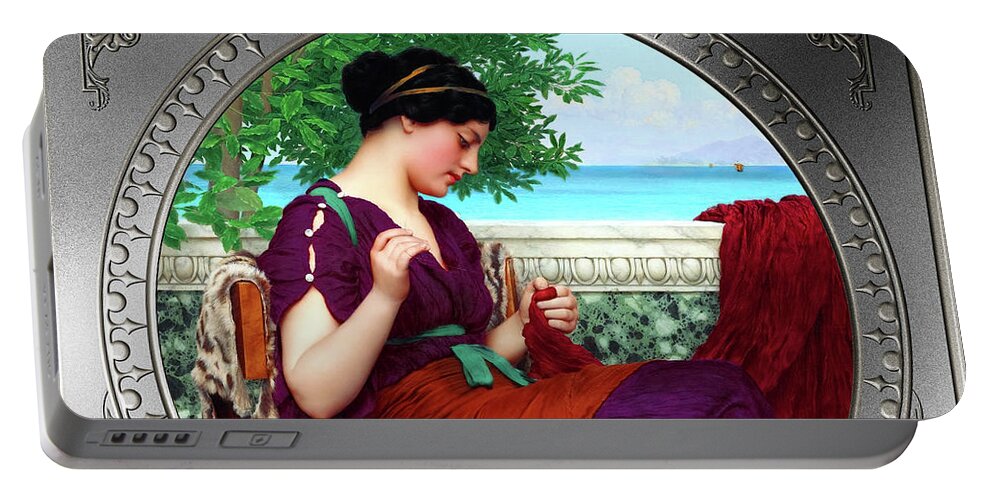 Far Away Thoughts Portable Battery Charger featuring the painting Far Away Thoughts c1911 by John William Godward Fine Art Xzendor7 Old Masters Reproductions by Rolando Burbon